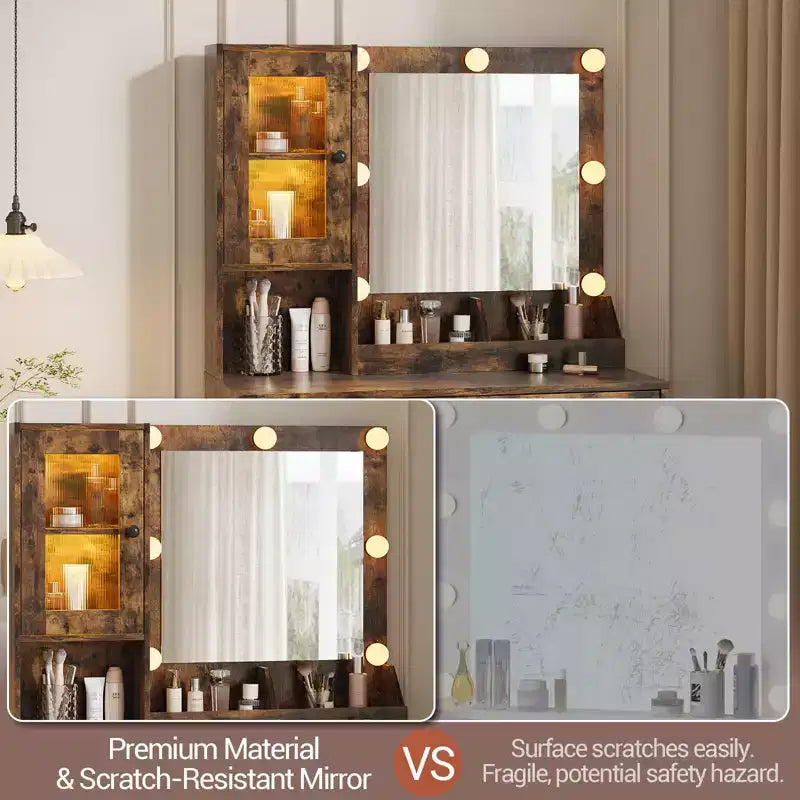 Coiffeuse Acekool avec miroir et lumières, table de maquillage avec station de recharge, éclairage RVB et 3 couleurs, 2 armoires, 2 étagères ouvertes, pour chambre à coucher.