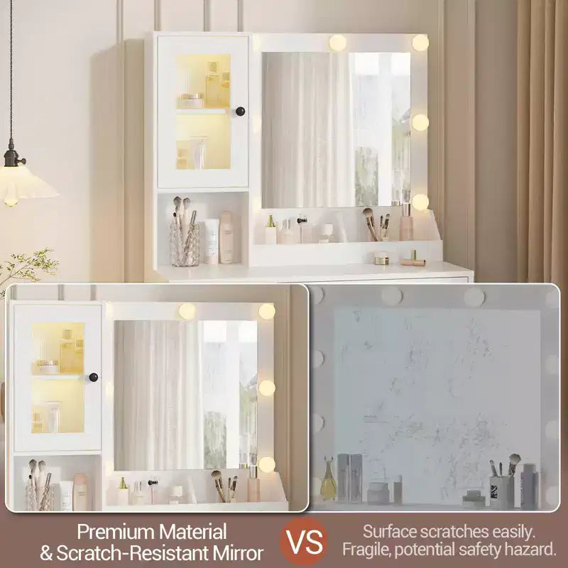 Coiffeuse Acekool avec miroir et lumières, table de maquillage avec station de recharge, éclairage RVB et 3 couleurs, 2 armoires, 2 étagères ouvertes, pour chambre à coucher.