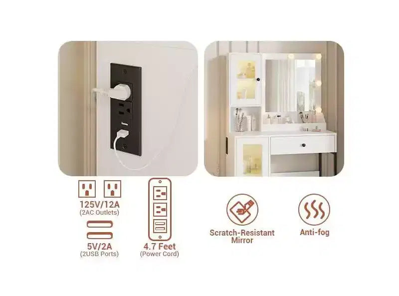 Coiffeuse Acekool avec miroir et lumières, table de maquillage avec station de recharge, éclairage RVB et 3 couleurs, 2 armoires, 2 étagères ouvertes, pour chambre à coucher.