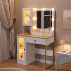 Coiffeuse Acekool avec miroir et lumières, table de maquillage avec station de recharge, éclairage RVB et 3 couleurs, 2 armoires, 2 étagères ouvertes, pour chambre à coucher.