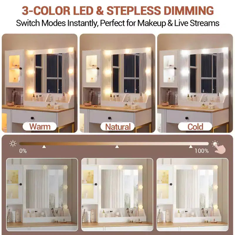 Coiffeuse Acekool avec miroir et lumières, table de maquillage avec station de recharge, éclairage RVB et 3 couleurs, 2 armoires, 2 étagères ouvertes, pour chambre à coucher.