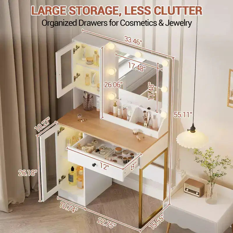 Coiffeuse Acekool avec miroir et lumières, table de maquillage avec station de recharge, éclairage RVB et 3 couleurs, 2 armoires, 2 étagères ouvertes, pour chambre à coucher.