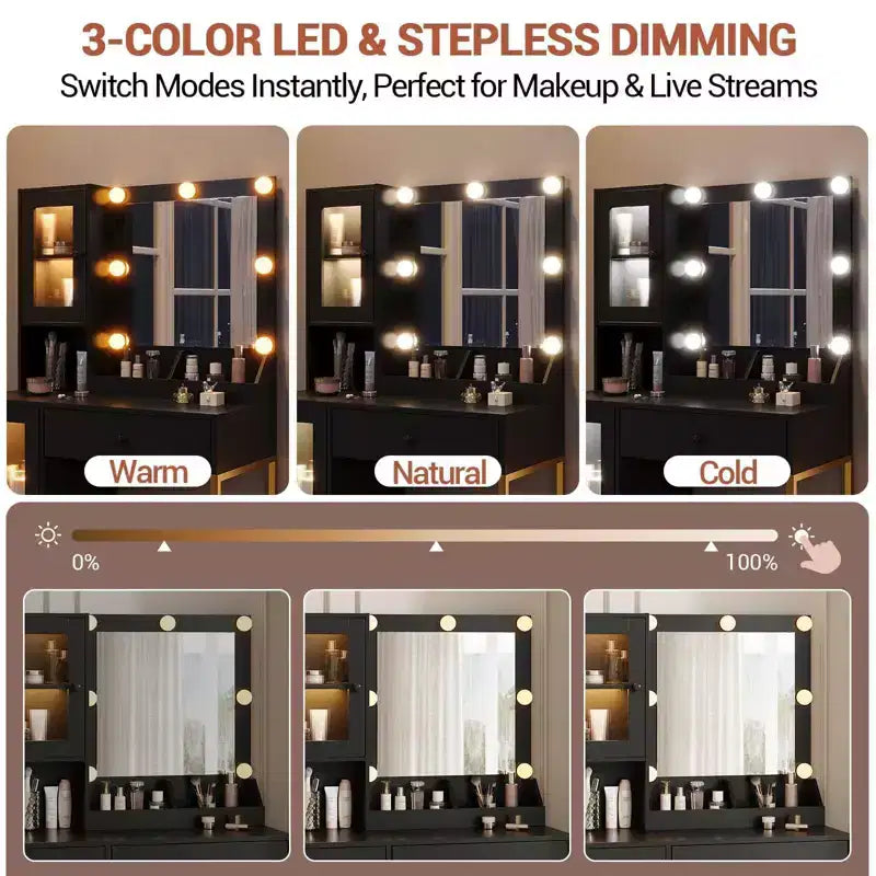 Coiffeuse Acekool avec miroir et lumières, table de maquillage avec station de recharge, éclairage RVB et 3 couleurs, 2 armoires, 2 étagères ouvertes, pour chambre à coucher.