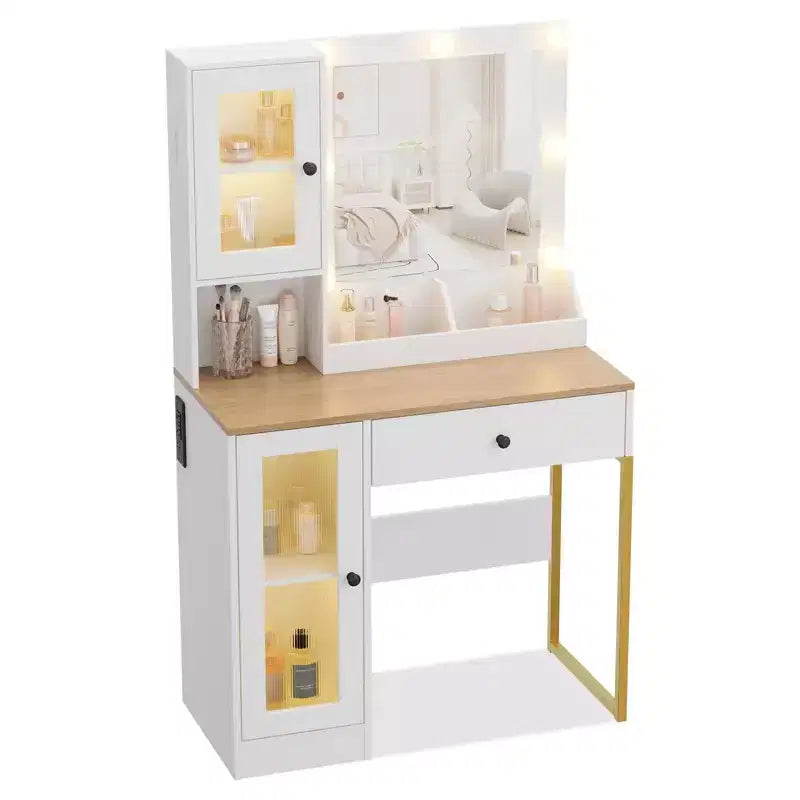 Coiffeuse Acekool avec miroir et lumières, table de maquillage avec station de recharge, éclairage RVB et 3 couleurs, 2 armoires, 2 étagères ouvertes, pour chambre à coucher.