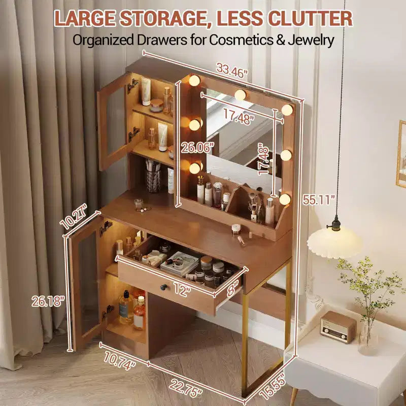 Coiffeuse Acekool avec miroir et lumières, table de maquillage avec station de recharge, éclairage RVB et 3 couleurs, 2 armoires, 2 étagères ouvertes, pour chambre à coucher.