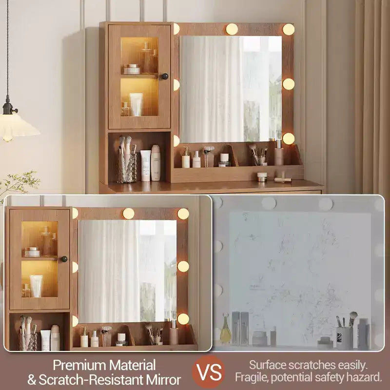 Coiffeuse Acekool avec miroir et lumières, table de maquillage avec station de recharge, éclairage RVB et 3 couleurs, 2 armoires, 2 étagères ouvertes, pour chambre à coucher.
