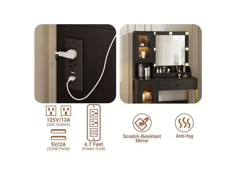 Coiffeuse Acekool avec miroir et lumières, table de maquillage avec station de recharge, éclairage RVB et 3 couleurs, 2 armoires, 2 étagères ouvertes, pour chambre à coucher.