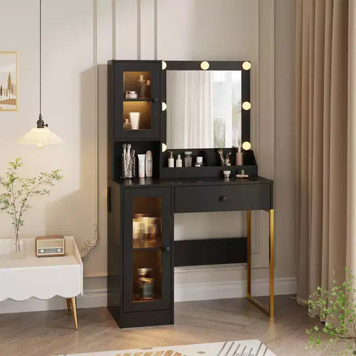 Acekool Vanity Desk with Mirror and Lights, Makeup Table with Charging Station, RGB & 3-Color Lighting, 2 Cabinets, 2 Open Shelves, for Bedroom.