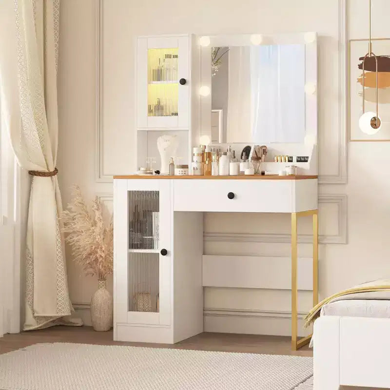 Coiffeuse Acekool avec miroir et lumières, table de maquillage avec station de recharge, éclairage RVB et 3 couleurs, 2 armoires, 2 étagères ouvertes, pour chambre à coucher.