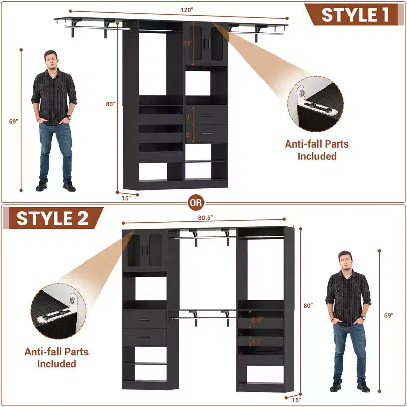 Système de rangement de placard Besiost 80-120 avec porte et tiroirs en bois
