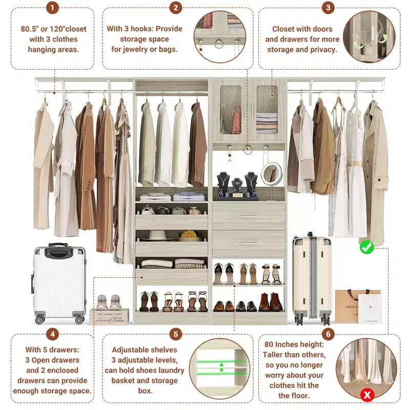 Système de rangement de placard Besiost 80-120 avec porte et tiroirs en bois
