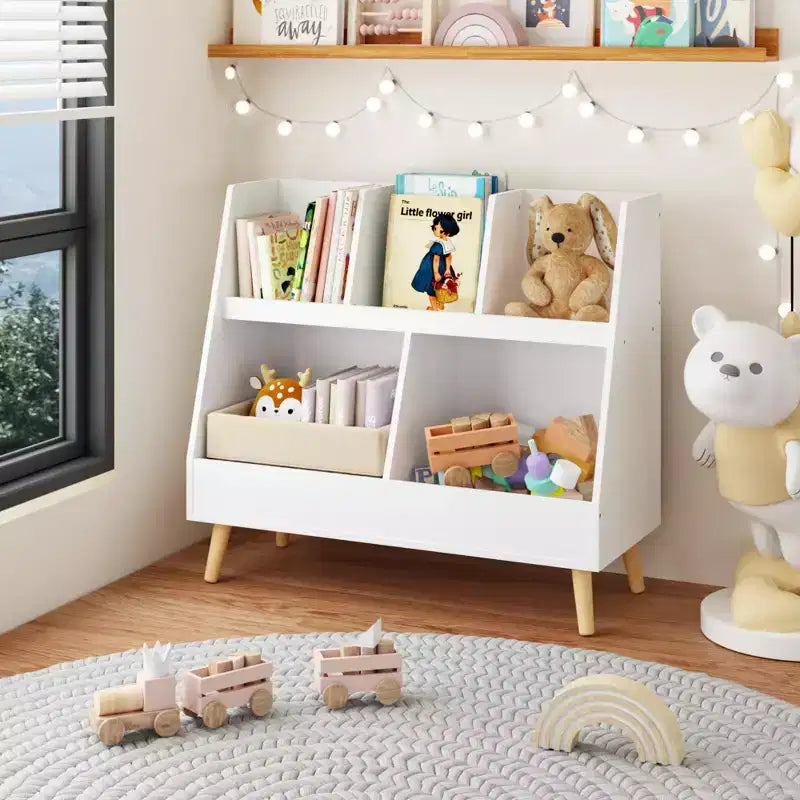 Étagère à Livres et Organiseur de Jouets pour Enfants, 5 Casiers en Bois, Bibliothèque Ouverte, Organiseur de Rangement à 2 Niveaux pour Bébé avec Pieds, Blanc Autonome