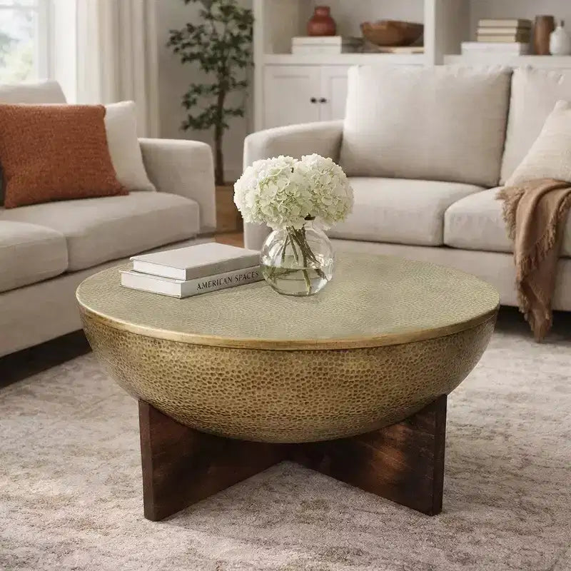 Royal Hampton Coffee Table | Round Hammered Metal Top | Mango Wood Base| Antique Brass