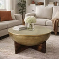 Royal Hampton Coffee Table | Round Hammered Metal Top | Mango Wood Base| Antique Brass