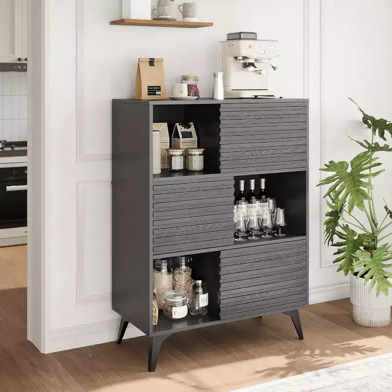 Bibliothèque et meuble de rangement à 3 niveaux - Buffet en bois massif avec étagères réglables, petit meuble de rangement pour salon, cuisine