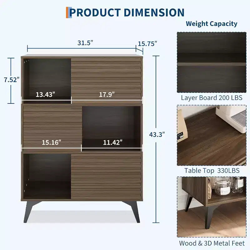 Bibliothèque et meuble de rangement à 3 niveaux - Buffet en bois massif avec étagères réglables, petit meuble de rangement pour salon, cuisine
