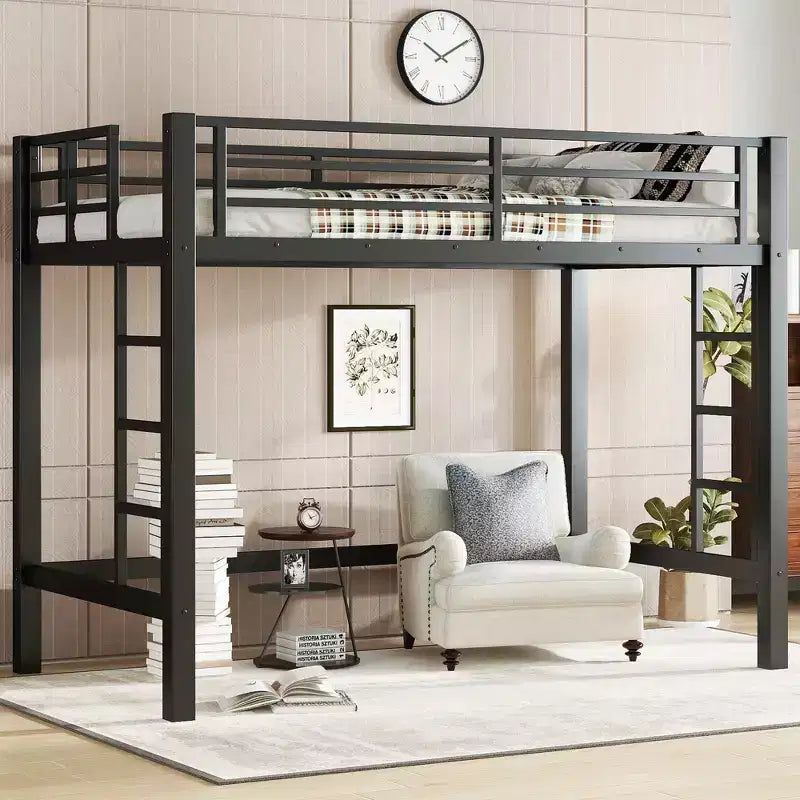 TUYOHW Metal Loft Bunk Bed with Dual Ladders & Guardrails,Multiple Sizes Loft Bed Frame with Open Under-Bed Space for Dorms,Bedrooms,Black