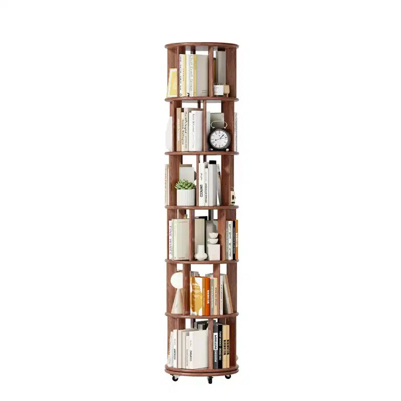 Étagère à Livres Rotative en Bois à 6 Niveaux, Tour de Rangement Pivotante à 360° pour Enfants, Étagère à roulettes Étroite pour Petits Espaces, Coin, Chambre, Bureau, Noyer