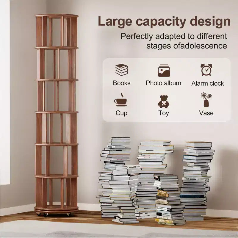 Étagère à Livres Rotative en Bois à 6 Niveaux, Tour de Rangement Pivotante à 360° pour Enfants, Étagère à roulettes Étroite pour Petits Espaces, Coin, Chambre, Bureau, Noyer