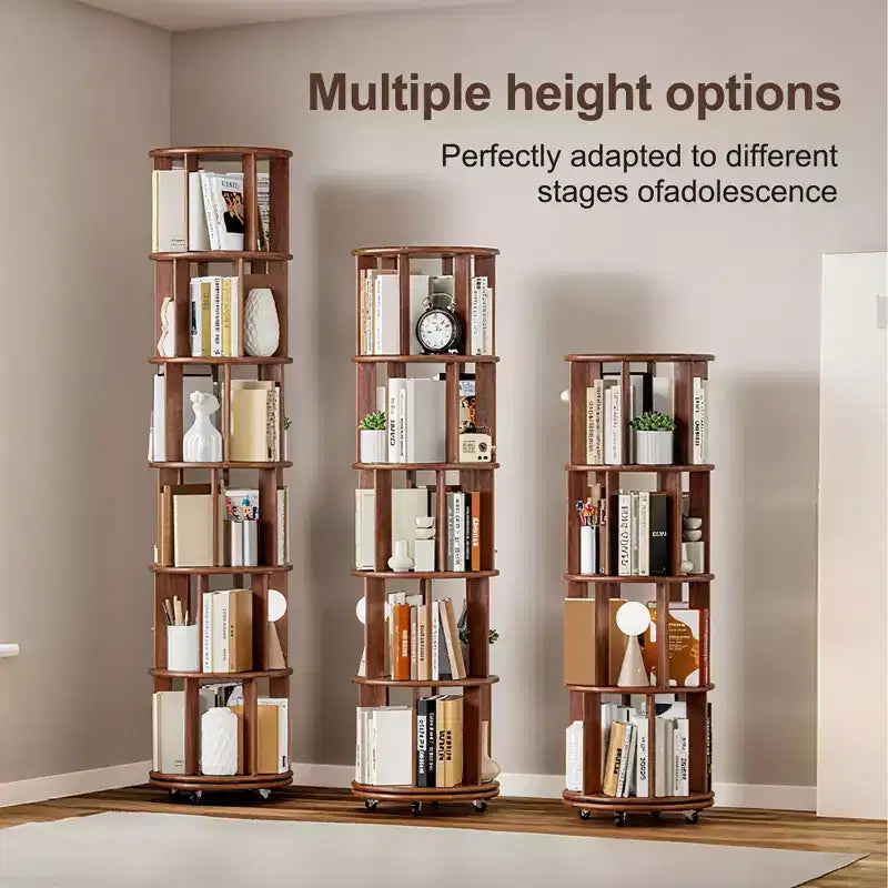 Étagère à Livres Rotative en Bois à 6 Niveaux, Tour de Rangement Pivotante à 360° pour Enfants, Étagère à roulettes Étroite pour Petits Espaces, Coin, Chambre, Bureau, Noyer