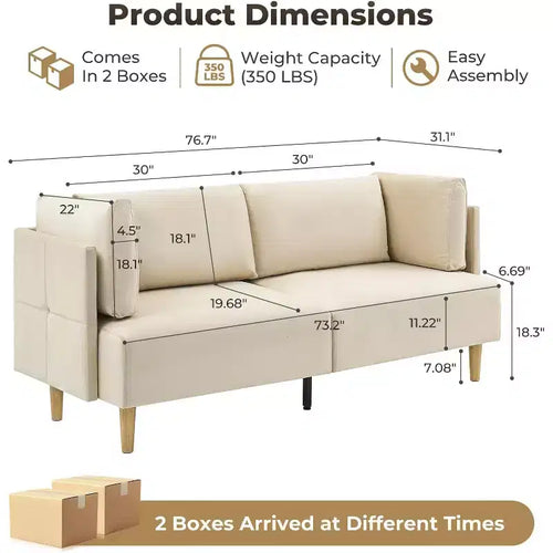 Causeuse 76 en velours beige, 2 places surdimensionnée avec assise très profonde et 2 oreillers amovibles, canapé moelleux pour salon moderne