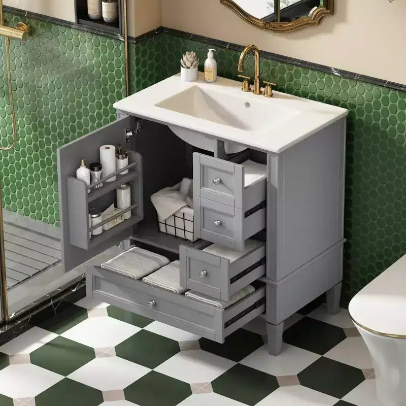 Meuble-lavabo de salle de bain 30 po avec tiroirs, Meuble de rangement de salle de bain avec lavabo simple