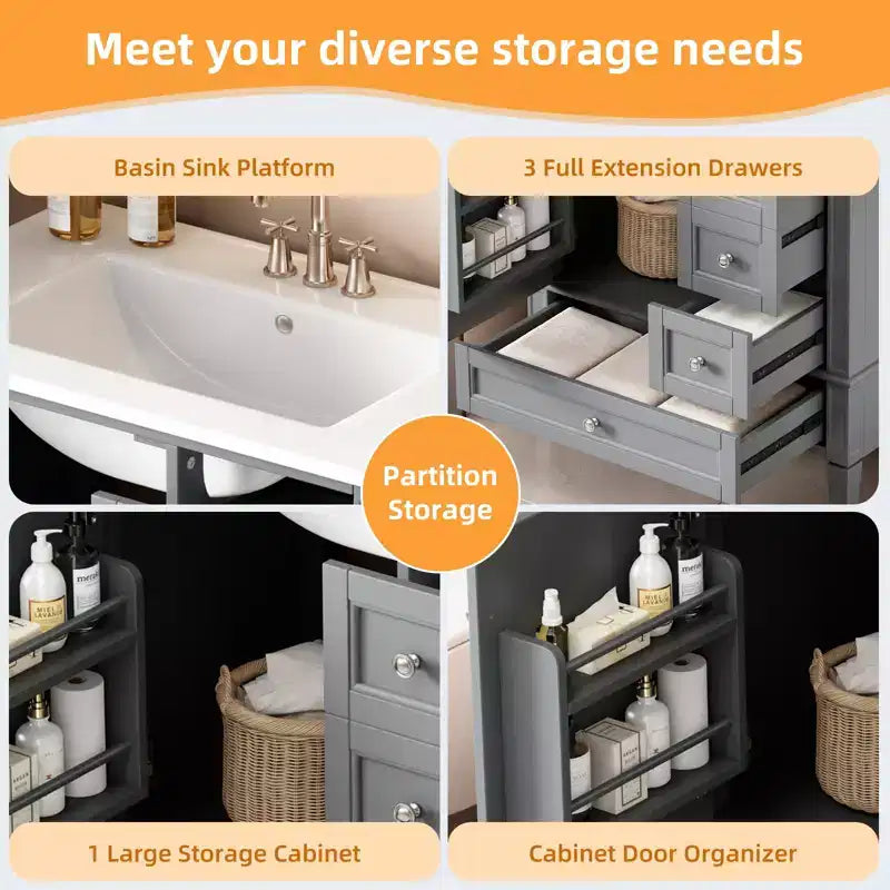 Meuble-lavabo de salle de bain 30 po avec tiroirs, Meuble de rangement de salle de bain avec lavabo simple