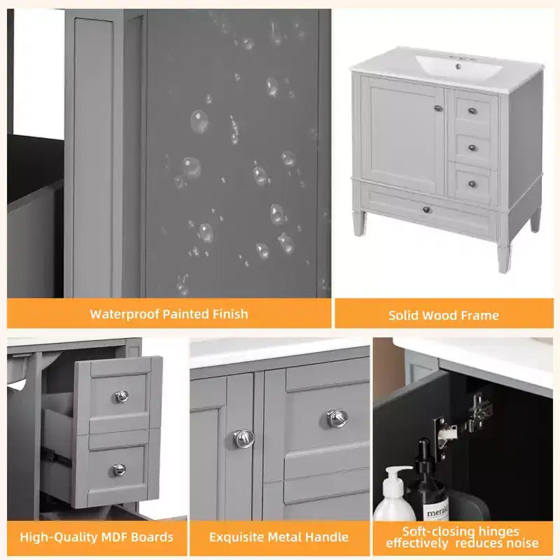 Meuble-lavabo de salle de bain 30 po avec tiroirs, Meuble de rangement de salle de bain avec lavabo simple