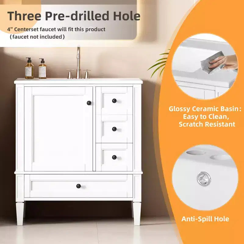 Meuble-lavabo de salle de bain 30 po avec tiroirs, Meuble de rangement de salle de bain avec lavabo simple