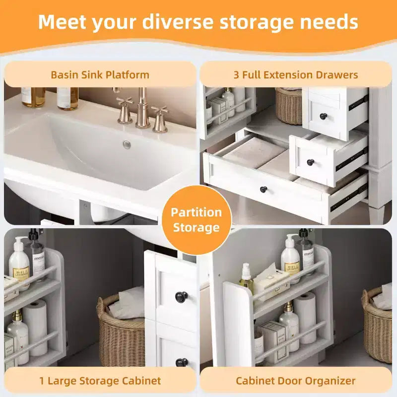 Meuble-lavabo de salle de bain 30 po avec tiroirs, Meuble de rangement de salle de bain avec lavabo simple