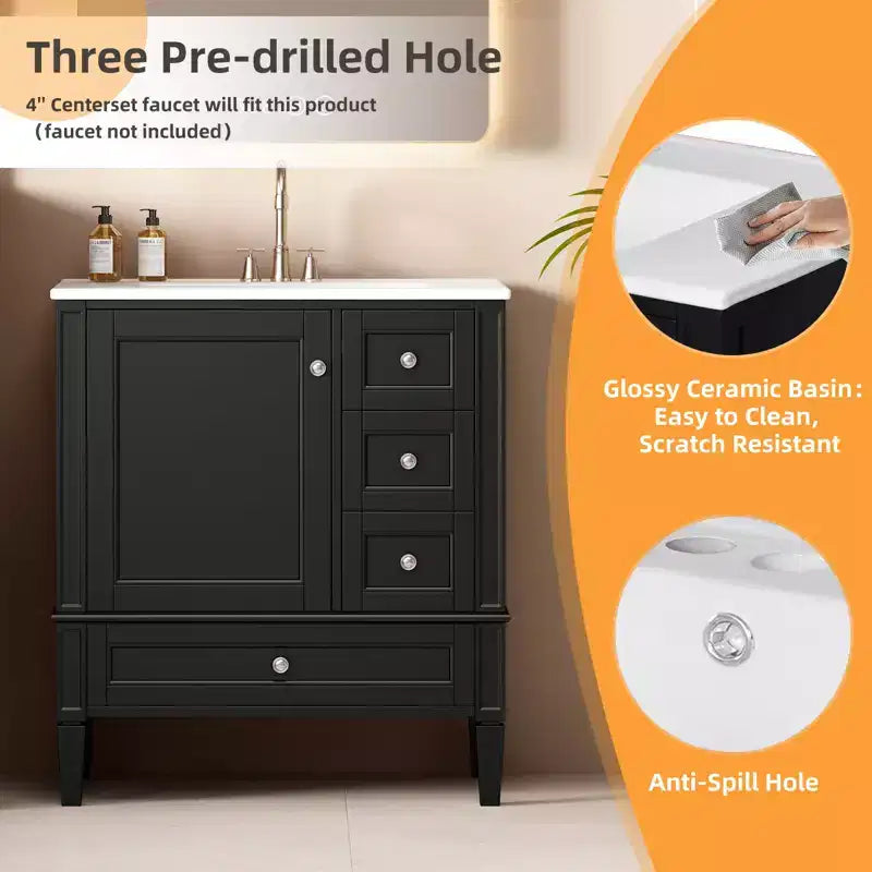 Meuble-lavabo de salle de bain 30 po avec tiroirs, Meuble de rangement de salle de bain avec lavabo simple