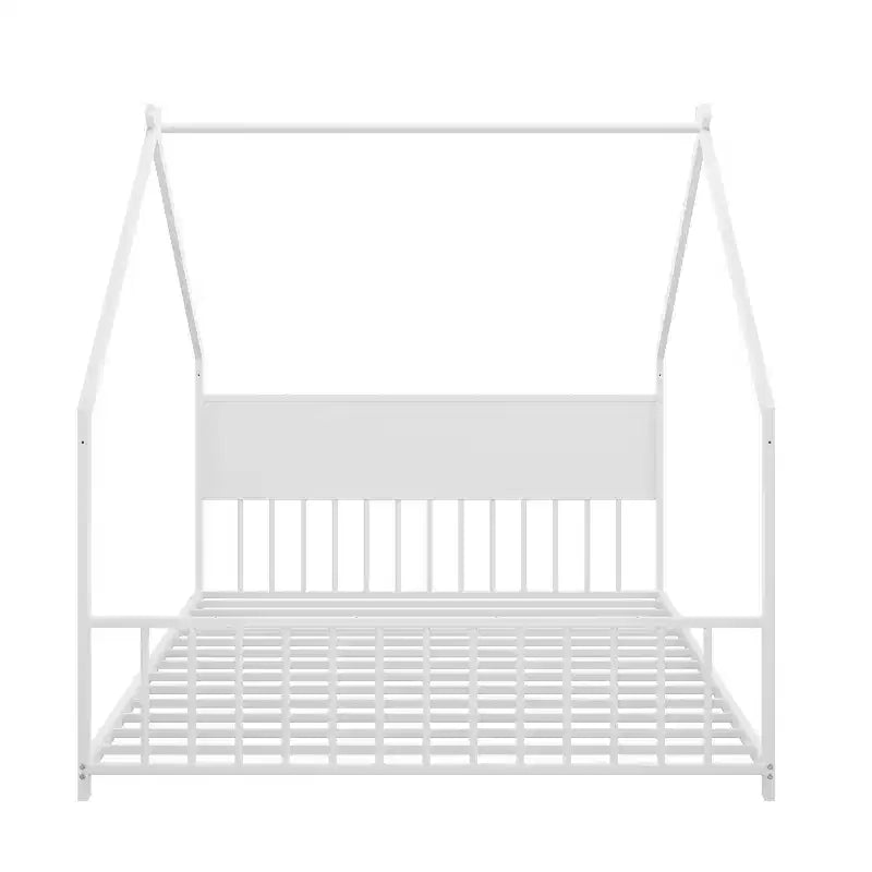 Lit cabane pour enfants Bellemave, taille complète, avec toit et lumières LED, cadre en métal avec lattes, lit bas pour garçons et filles, sommeil douillet, amusant et sûr, blanc