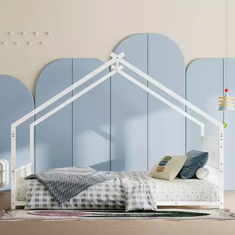 Lit cabane pour enfants Bellemave, taille complète, avec toit et lumières LED, cadre en métal avec lattes, lit bas pour garçons et filles, sommeil douillet, amusant et sûr, blanc