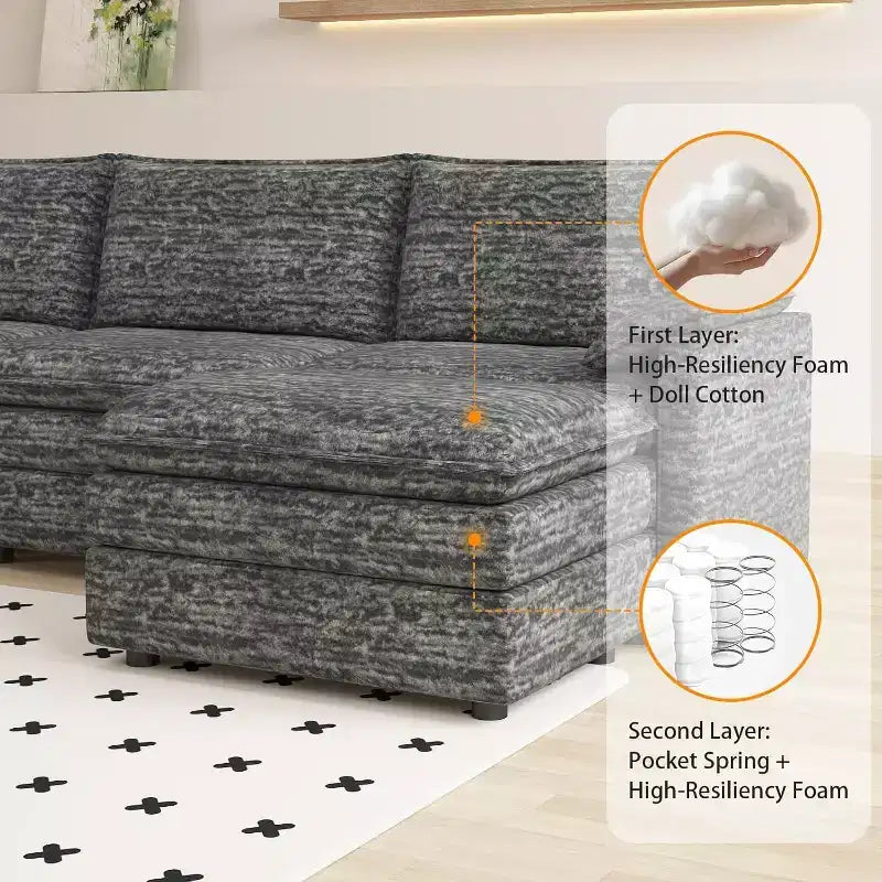 Canapé sectionnel modulaire Acekool 108 avec pouf, canapé cloud à assise profonde, en chenille, en forme de L, pour salon
