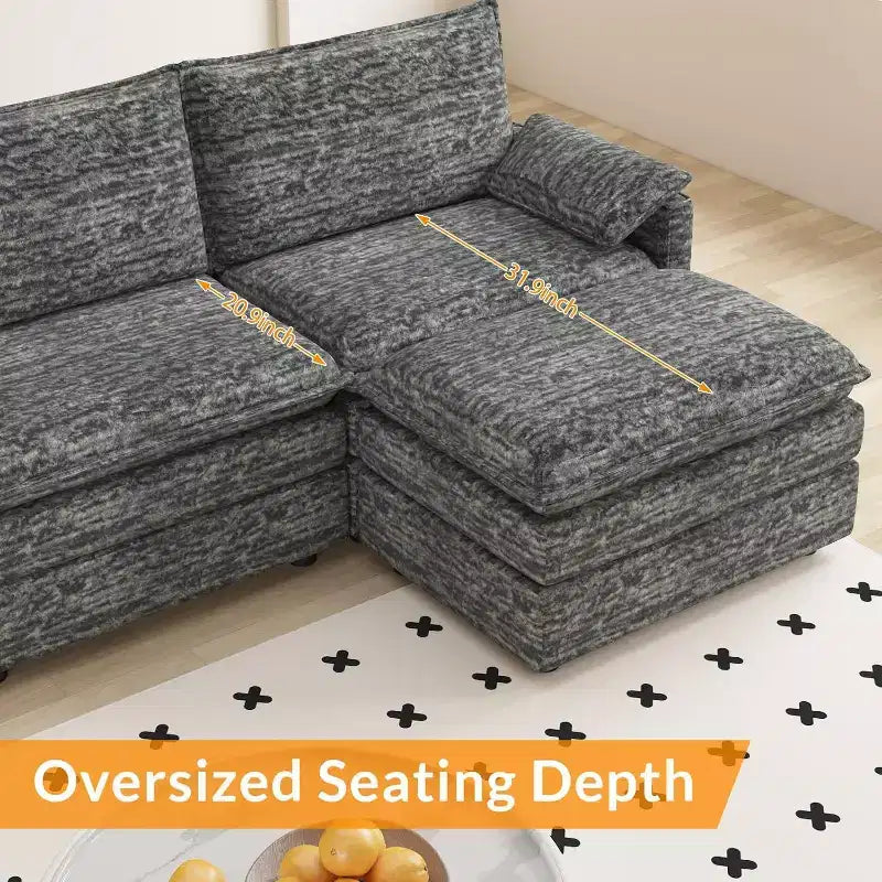 Canapé sectionnel modulaire Acekool 108 avec pouf, canapé cloud à assise profonde, en chenille, en forme de L, pour salon