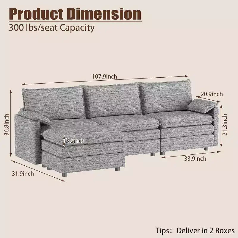 Canapé sectionnel modulaire Acekool 108 avec pouf, canapé cloud à assise profonde, en chenille, en forme de L, pour salon