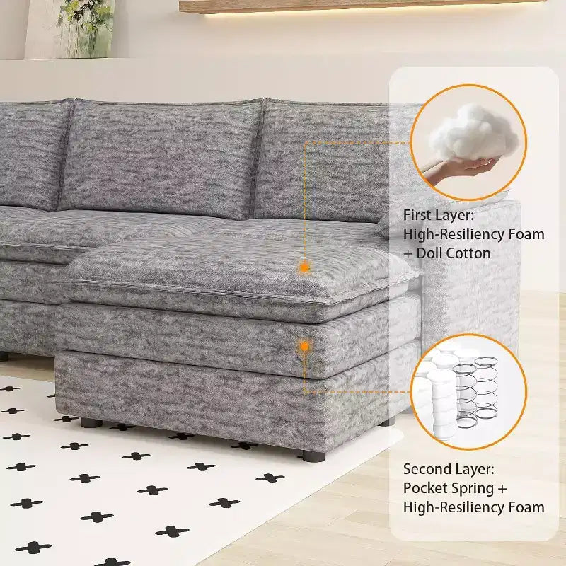 Canapé sectionnel modulaire Acekool 108 avec pouf, canapé cloud à assise profonde, en chenille, en forme de L, pour salon