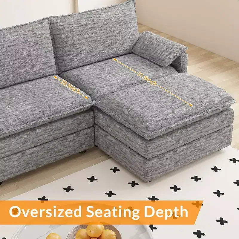 Canapé sectionnel modulaire Acekool 108 avec pouf, canapé cloud à assise profonde, en chenille, en forme de L, pour salon