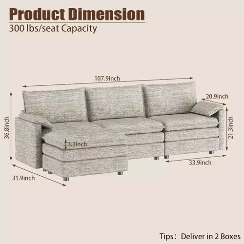 Canapé sectionnel modulaire Acekool 108 avec pouf, canapé cloud à assise profonde, en chenille, en forme de L, pour salon