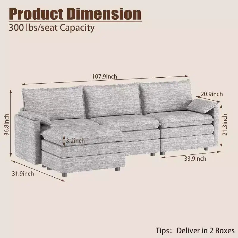 Canapé sectionnel modulaire Acekool 108 avec pouf, canapé cloud à assise profonde, en chenille, en forme de L, pour salon