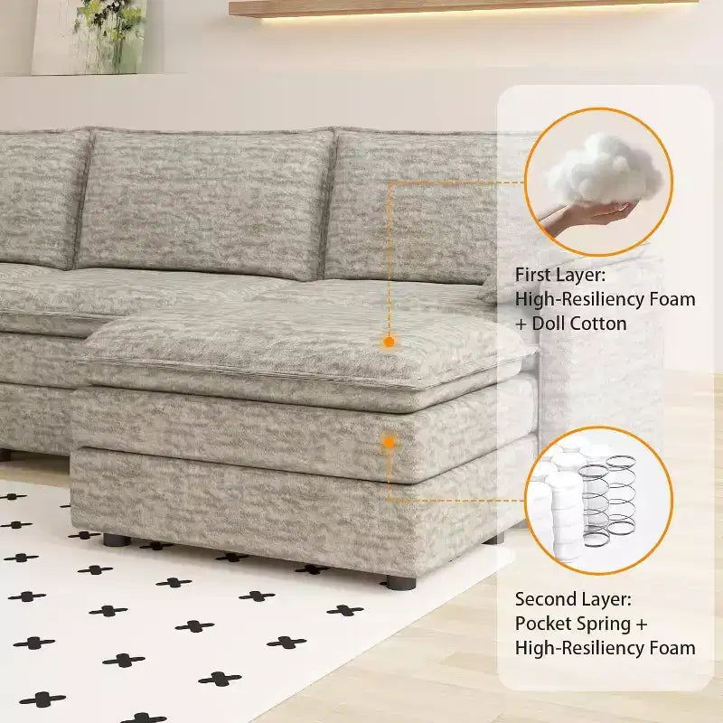 Canapé sectionnel modulaire Acekool 108 avec pouf, canapé cloud à assise profonde, en chenille, en forme de L, pour salon
