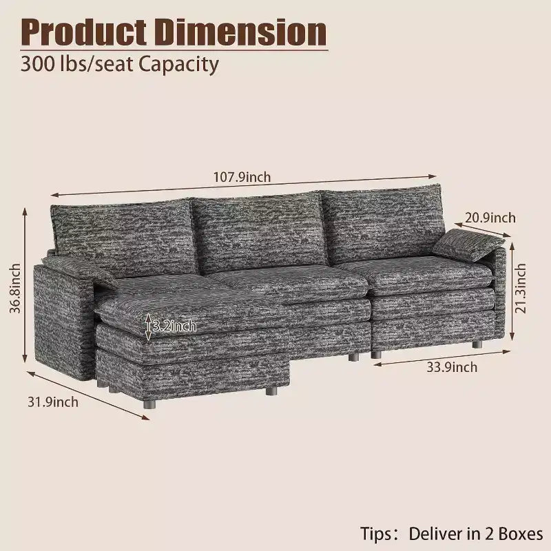 Canapé sectionnel modulaire Acekool 108 avec pouf, canapé cloud à assise profonde, en chenille, en forme de L, pour salon