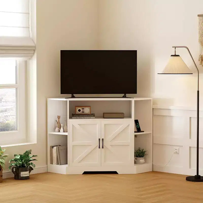 Corner Tv Stand for Tvs Up to 55 in, Modern Farmhouse Entertainment Center, Wood Tv Media Console with Storage Cabinets Shelves for Living Room