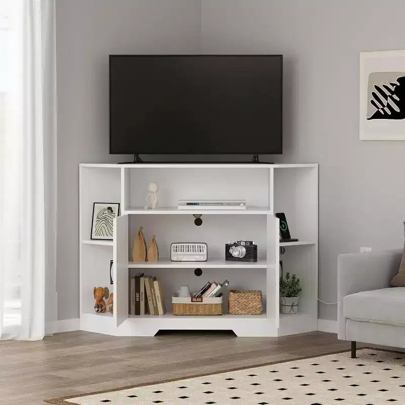 Meuble TV d'angle pour téléviseurs jusqu'à 55 pouces, meuble de divertissement style ferme moderne, console multimédia en bois avec armoires de rangement et étagères pour salon
