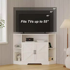 Meuble TV d'angle pour téléviseurs jusqu'à 55 pouces, meuble de divertissement style ferme moderne, console multimédia en bois avec armoires de rangement et étagères pour salon