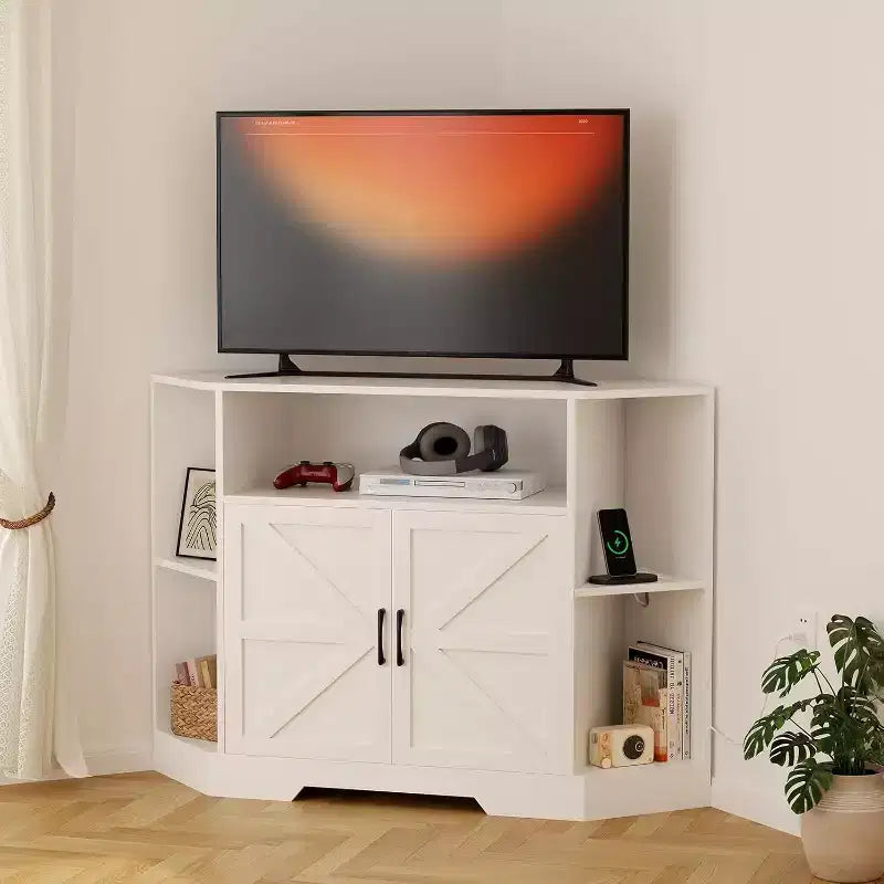 Meuble TV d'angle pour téléviseurs jusqu'à 55 pouces, meuble de divertissement style ferme moderne, console multimédia en bois avec armoires de rangement et étagères pour salon