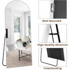 Miroir arqué blanc 71x26 avec support et cadre en aluminium. Design pleine longueur pour chambre ou salon.