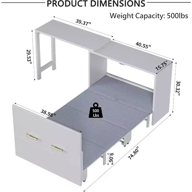 Lit de repos double avec commode et bureau, coussin pliable, bureau réglable, lit escamotable pour chambre d'amis, petit espace, pas de sommier tapissier
