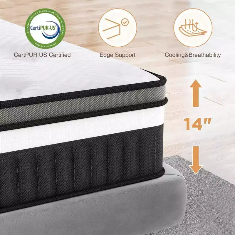 Matelas King Size, 35,5 cm d'épaisseur, mousse à mémoire de forme rafraîchissante et ressorts ensachés hybrides, matelas King en boîte, certifié CertiPUR-US