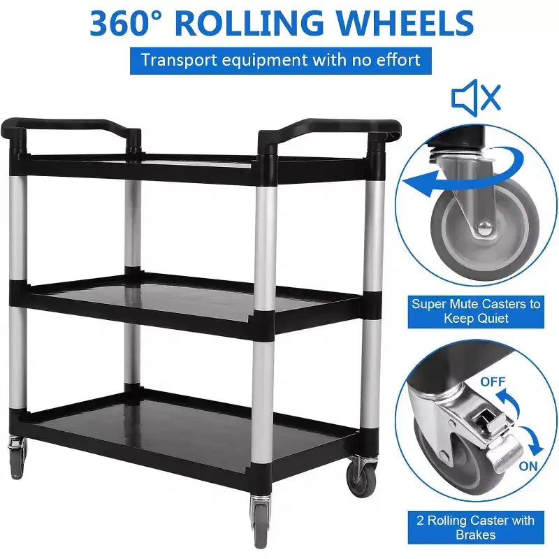 Chariot de service robuste de 163 kg avec roulettes verrouillables, chariot utilitaire roulant commercial à 3 niveaux pour cuisine de restaurant, nettoyage d'hôtel